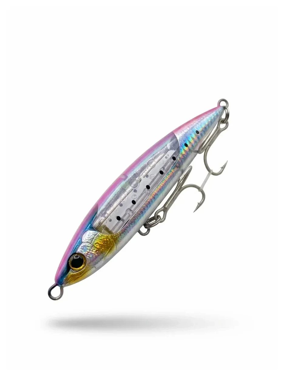 Señuelo stickbait Shimano Ocea Sardine Ball 150S color Pink Silver de 71 g sobre fondo blanco