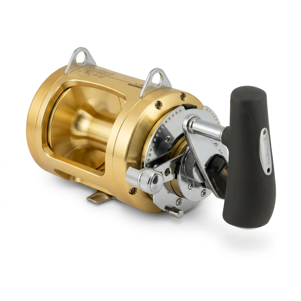 Carrete Shimano Tiagra TI50A dorado de dos velocidades con freno de palanca para troleo