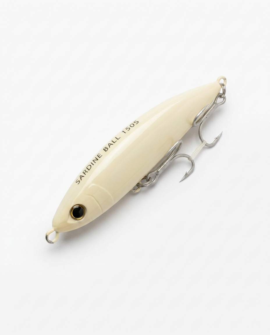 Señuelo stickbait Shimano Ocea Sardine Ball 150S color Bone de 71 g sobre fondo blanco