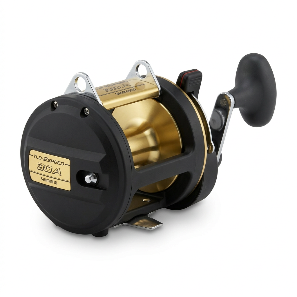 Carrete Shimano TLD 2 Speed 30A negro y dorado, vista de tres cuartos