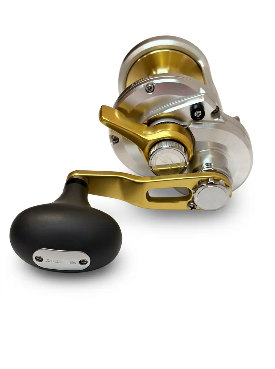 Carrete Shimano Talica 10 plateado con manivela dorada y perilla negra