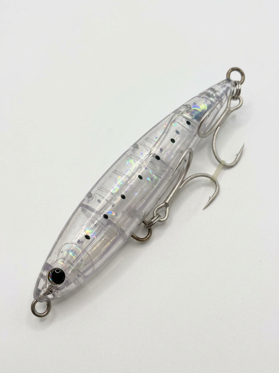 Señuelo stickbait ScaleBoot CLR Bait Ocea 35 g translúcido sobre fondo blanco