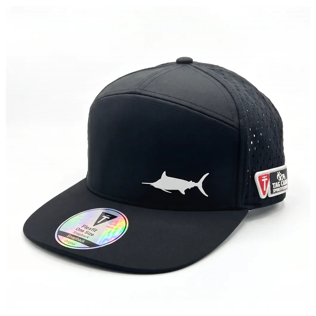 Gorra Tag Cabo Sportfishing negra repelente al agua con marlín blanco