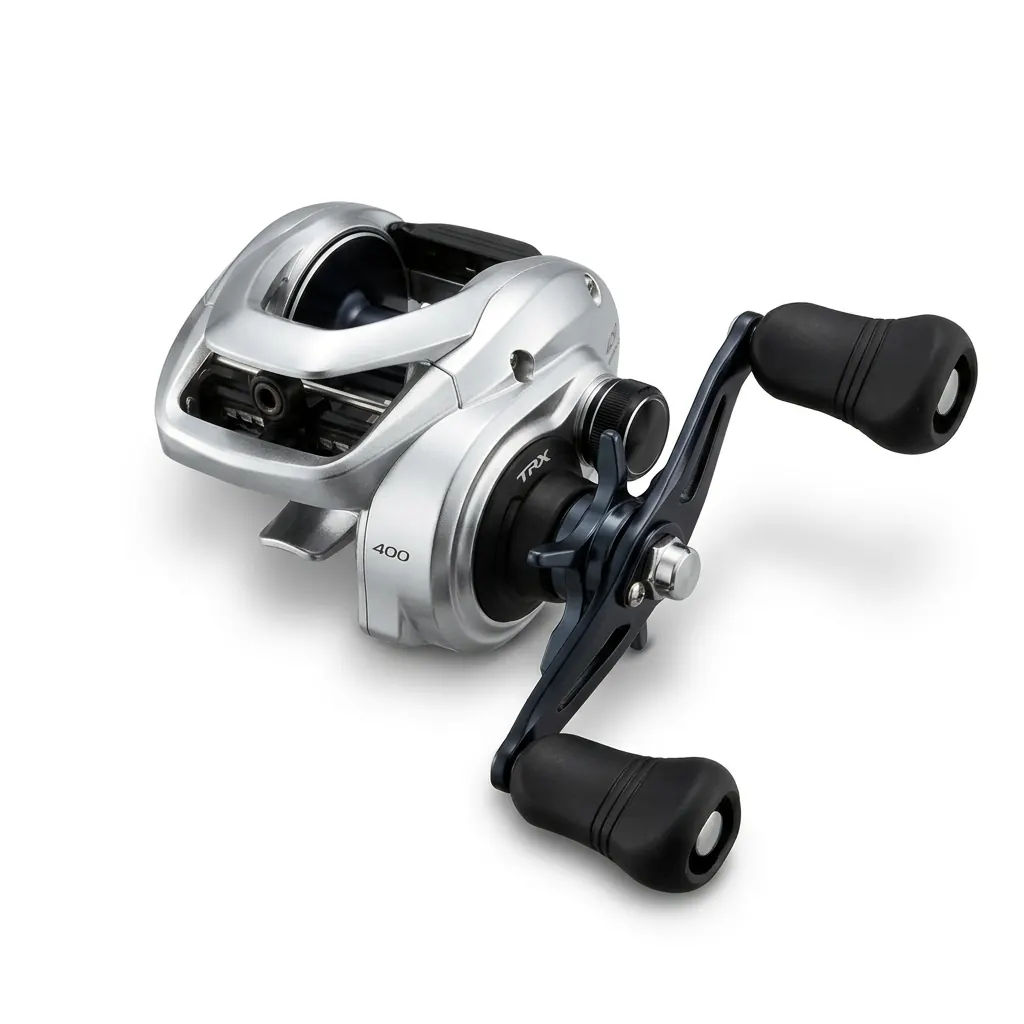 Carrete Shimano Tranx TRX400A plateado y negro, vista de tres cuartos