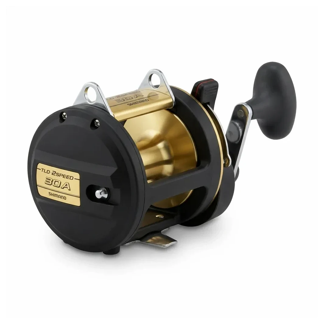 Carrete Shimano TLD 2 Speed 30A negro y dorado, vista de tres cuartos