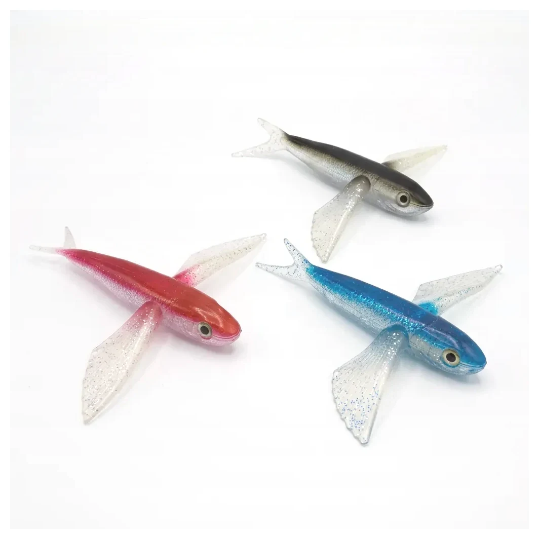 Pez volador de silicón en colores rojo, negro y azul para pesca de atún