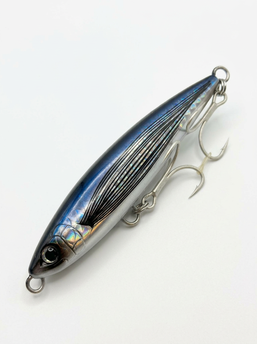 Señuelo stickbait ScaleBoot A Fly Fish Ocea 35 g azul plateado con plumas negras sobre fondo blanco
