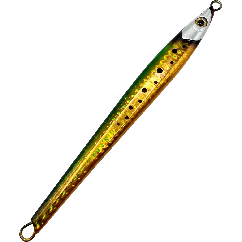 Jig metálico Shimano King Slasher Ocean de 120 g con acabado holográfico dorado y verde