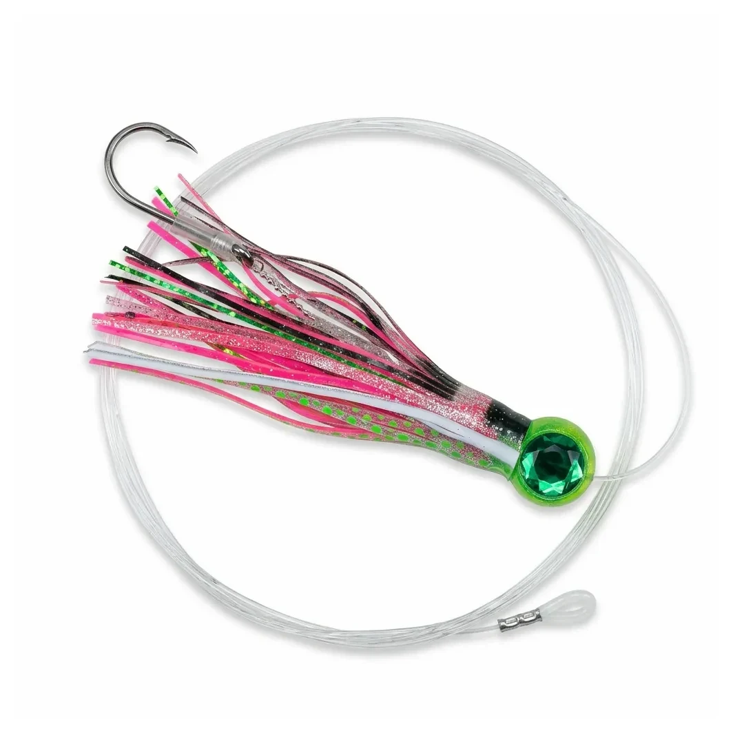 Nash Performance Q Lure Cristal Green Eye de 9 pulgadas con cabeza verde, faldilla rosa, líder y anzuelo