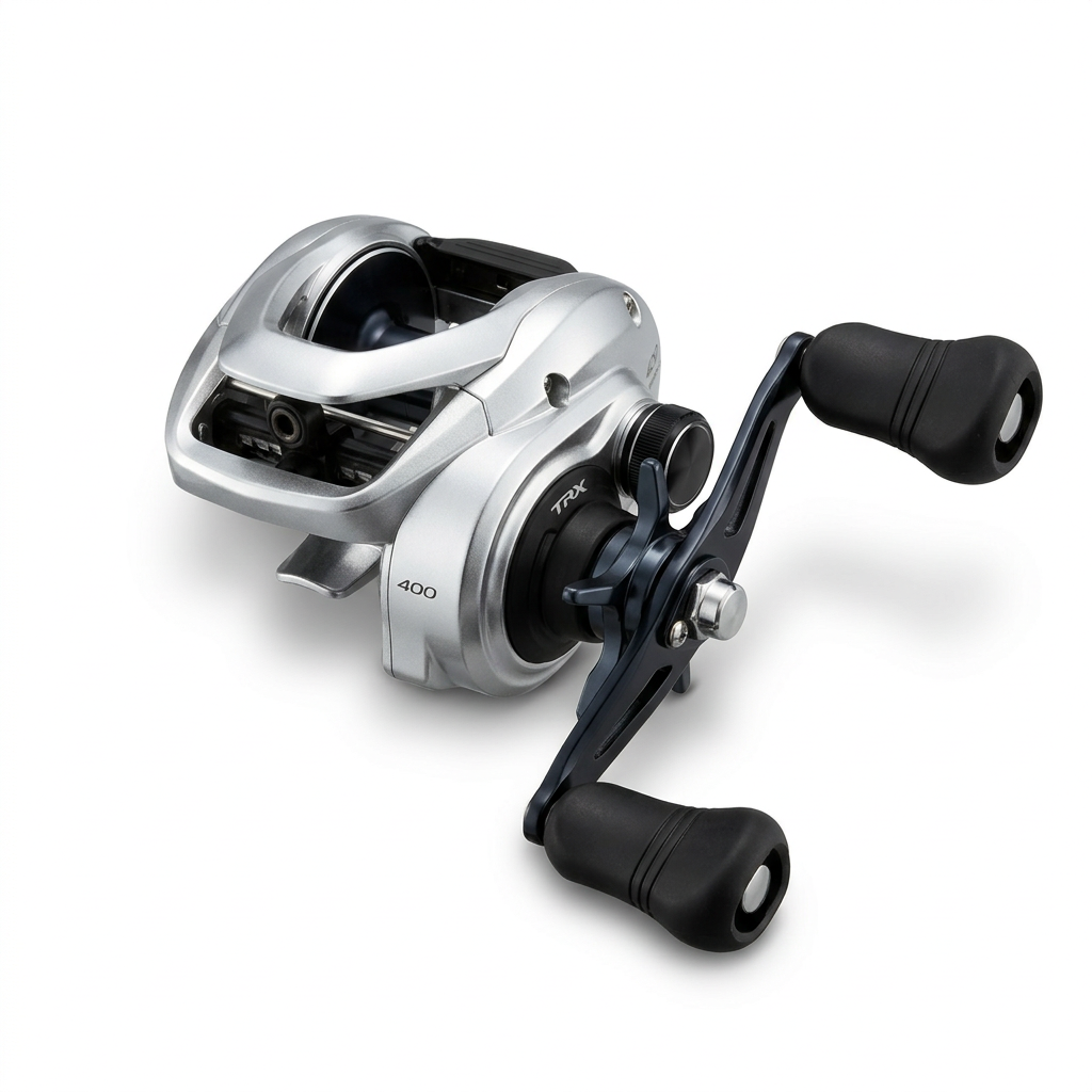 Carrete Shimano Tranx TRX400A plateado y negro, vista de tres cuartos