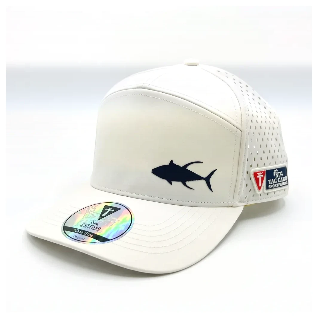 Gorra Tag Cabo Sportfishing blanca repelente al agua con atún azul