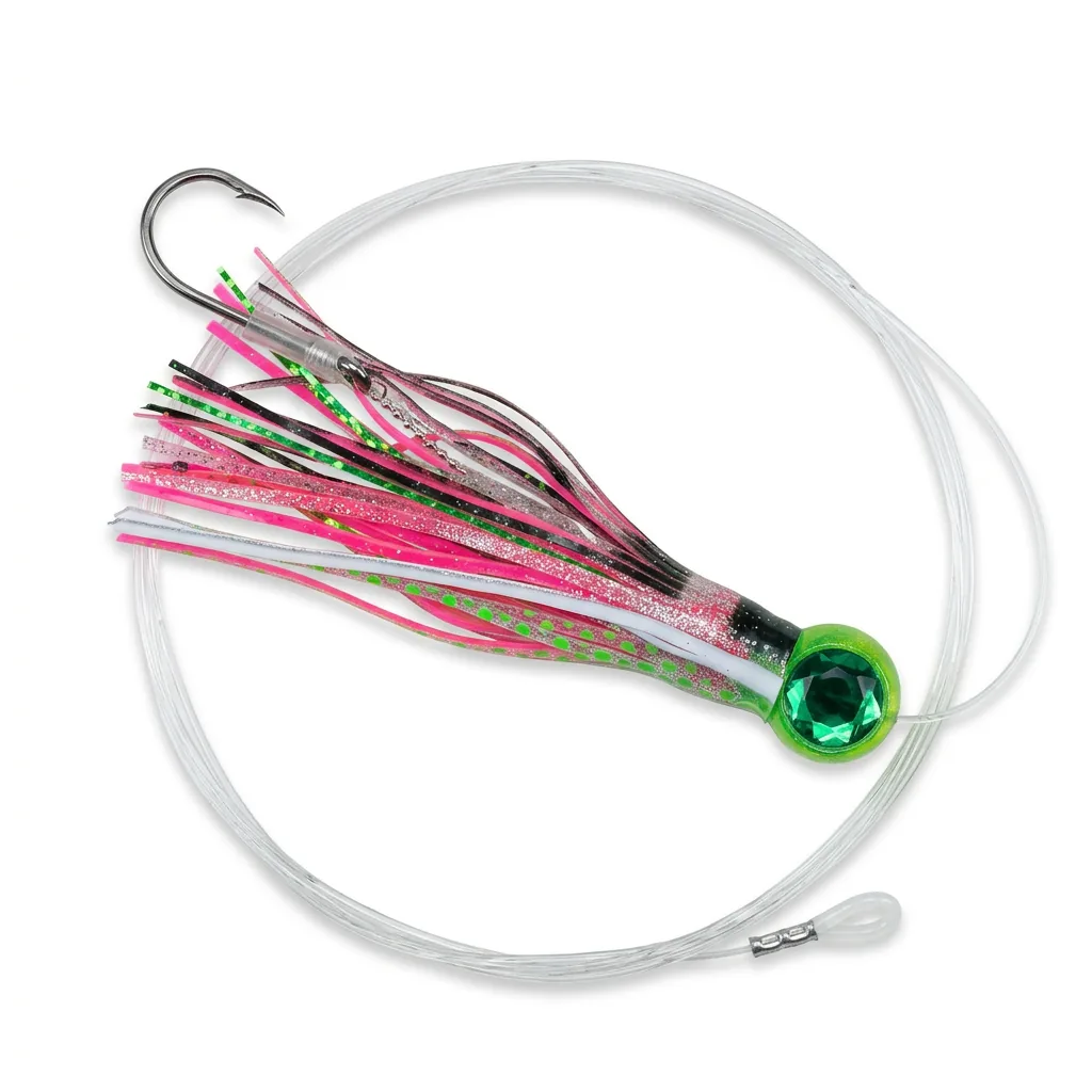 Nash Performance Q Lure Cristal Green Eye de 9 pulgadas con cabeza verde, faldilla rosa, líder y anzuelo