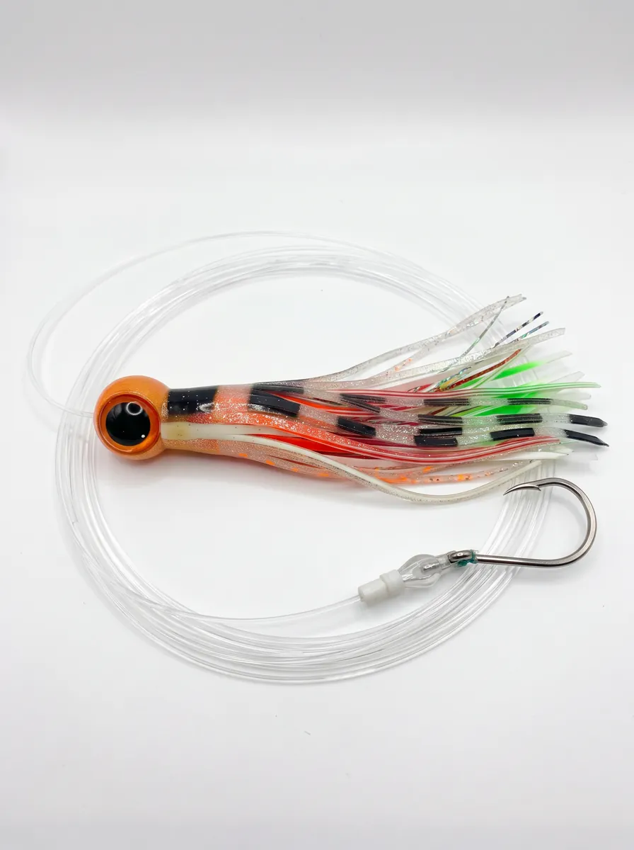 Q Lure Nash Performance de 22 pulgadas con cabeza naranja, líder y anzuelo sobre fondo blanco
