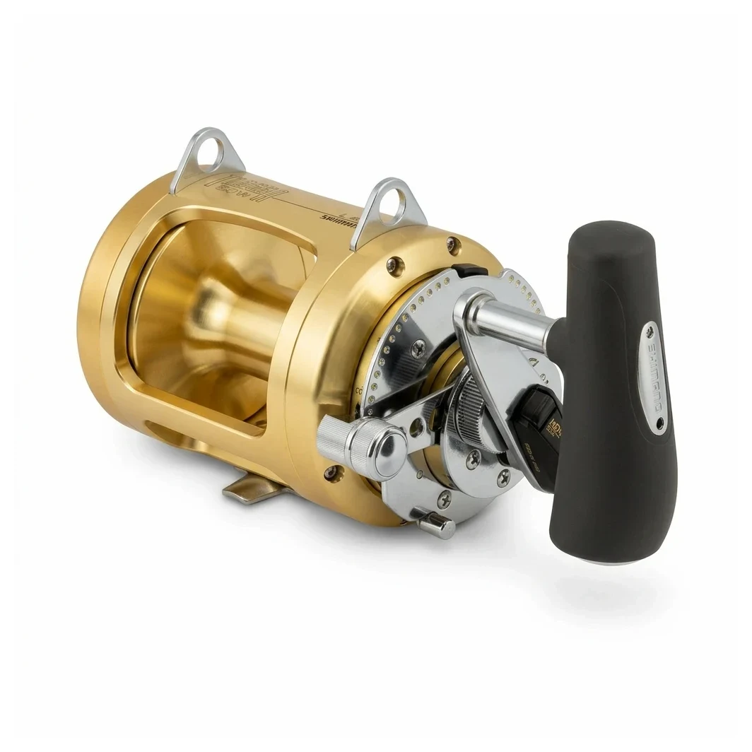 Carrete Shimano Tiagra TI50A dorado de dos velocidades con freno de palanca para troleo