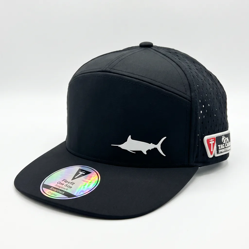 Gorra Tag Cabo Sportfishing negra repelente al agua con marlín blanco