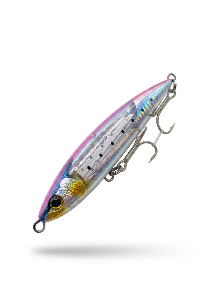 Señuelo stickbait Shimano Ocea Sardine Ball 150S color Pink Silver de 71 g sobre fondo blanco
