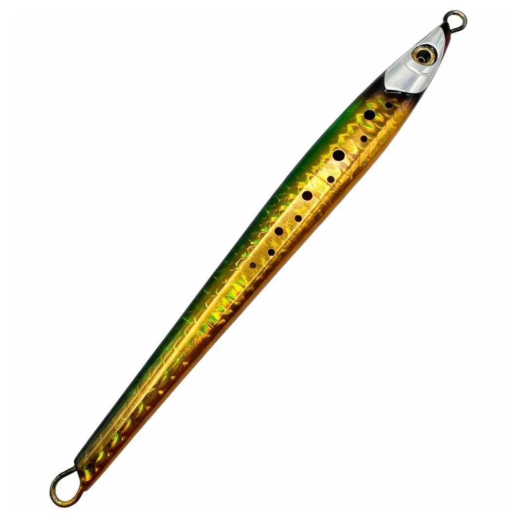 Jig metálico Shimano King Slasher Ocean de 120 g con acabado holográfico dorado y verde
