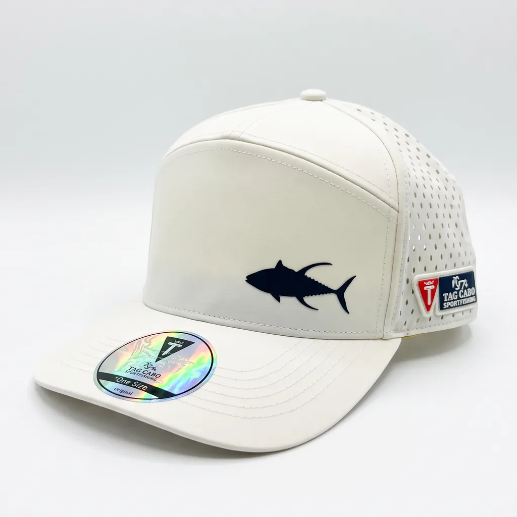 Gorra Tag Cabo Sportfishing blanca repelente al agua con atún azul