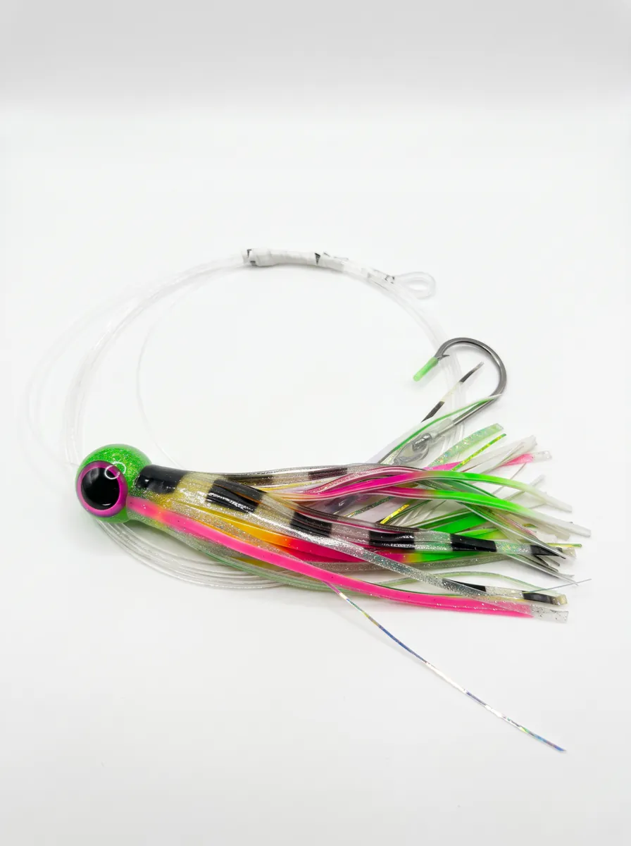 Nash Performance Q Lure Green Head Pink Glass 22 cm con líder y anzuelo sobre fondo blanco