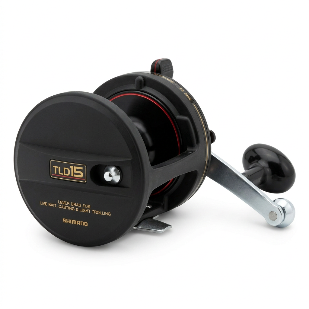 Carrete Shimano TLD15 negro con arrastre por palanca, vista de tres cuartos