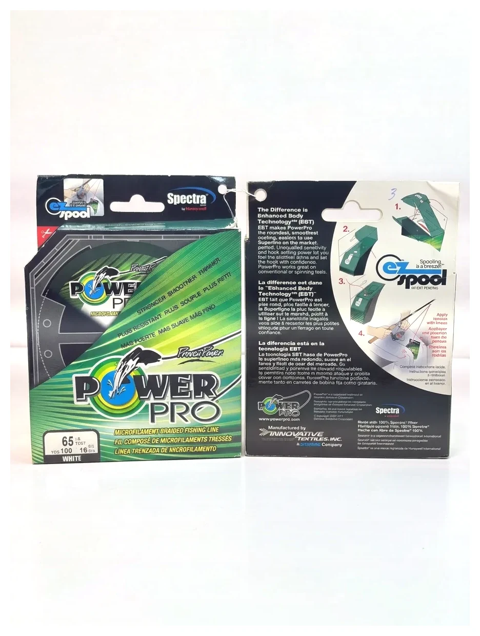 Línea trenzada PowerPro Spectra 65 lb 100 yardas blanca, frente y reverso de la caja